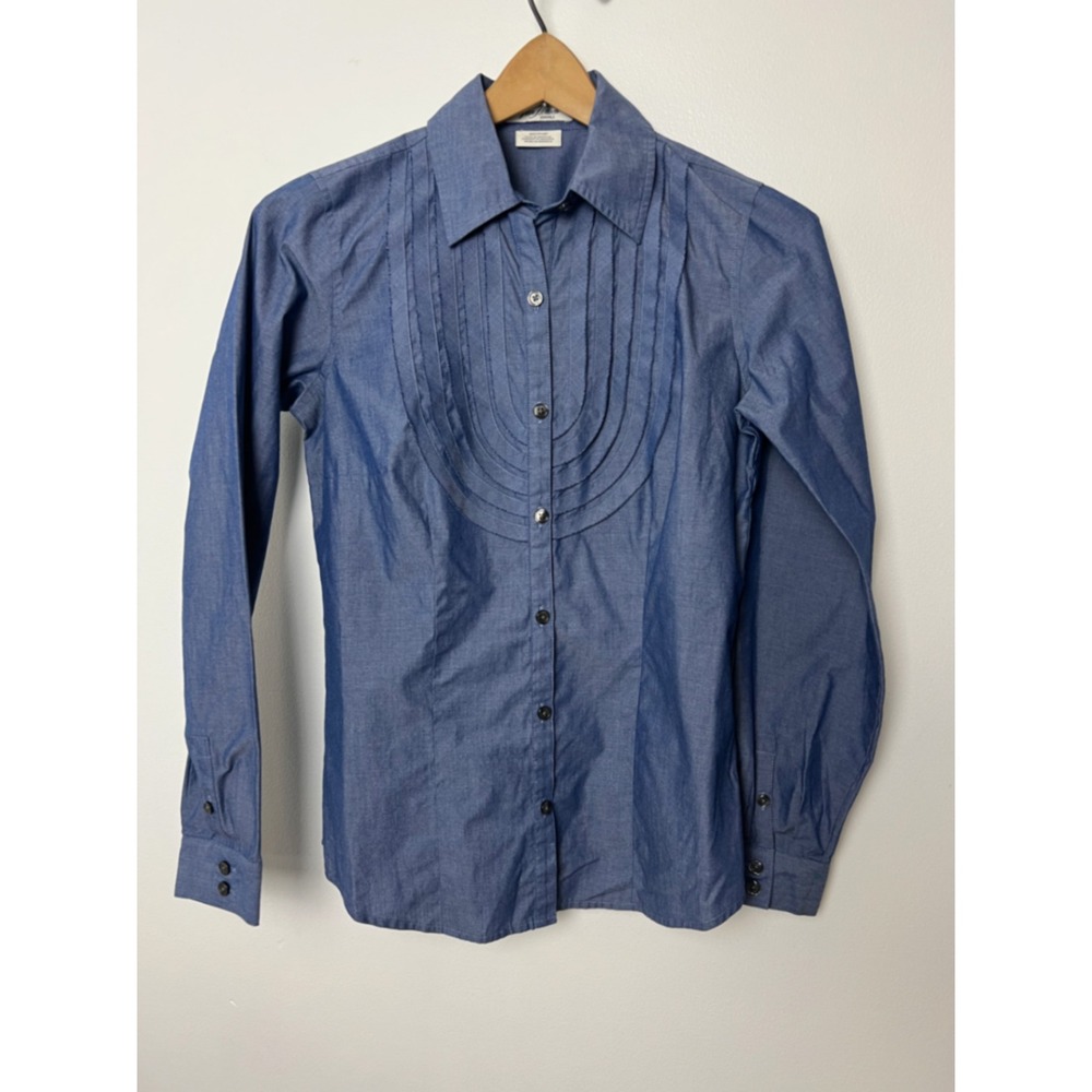 Van Heusen Originals Blue Chambray Pleated Bib Button Down Shirt XS Cotton Blend